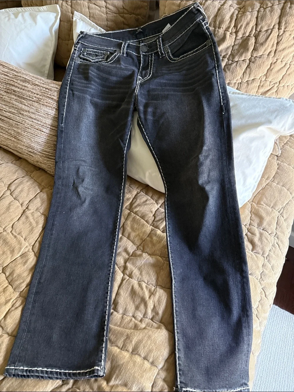 True Religion men’s  Charcoal  Jeans with White Contrast Stitching